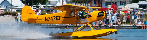 A bright yellow seaplane takes off from a waterway, with a crowd watching from the shore.